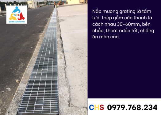 Nắp(Vỉ) Mương Grating Mạ Kẽm 15 Nắp mương grating là tấm lưới thép gồm các thanh la cách nhau 30-60mm, bền chắc, thoát nước tốt, chống ăn mòn cao